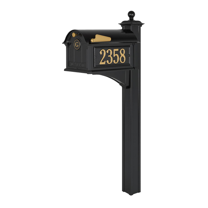 Black and gold personalized mailbox with monogram and house number on post, handcrafted in USA, designed to elevate curb appeal in Home & Decor and Mailboxes collections.