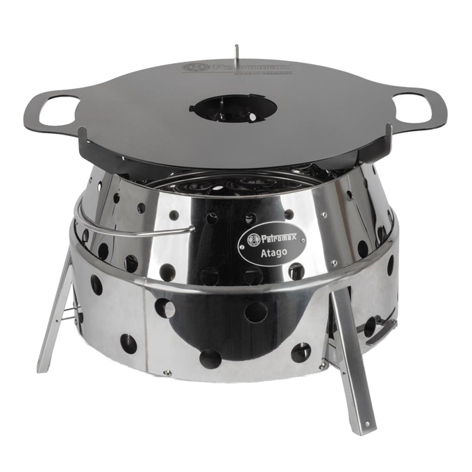 Polished stainless steel outdoor stove with perforated sides and sturdy legs, topped with a flat griddle plate featuring dual handles, ideal for camping and grilling in Farm, Garden & Tool collections.