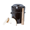 Dark brown ceramic fermenting crock with lid, wooden stomper and weights, handcrafted and ideal for Kitchen & Food, Food Preservation, Fermenting and Pickling, and Best Sellers collections.