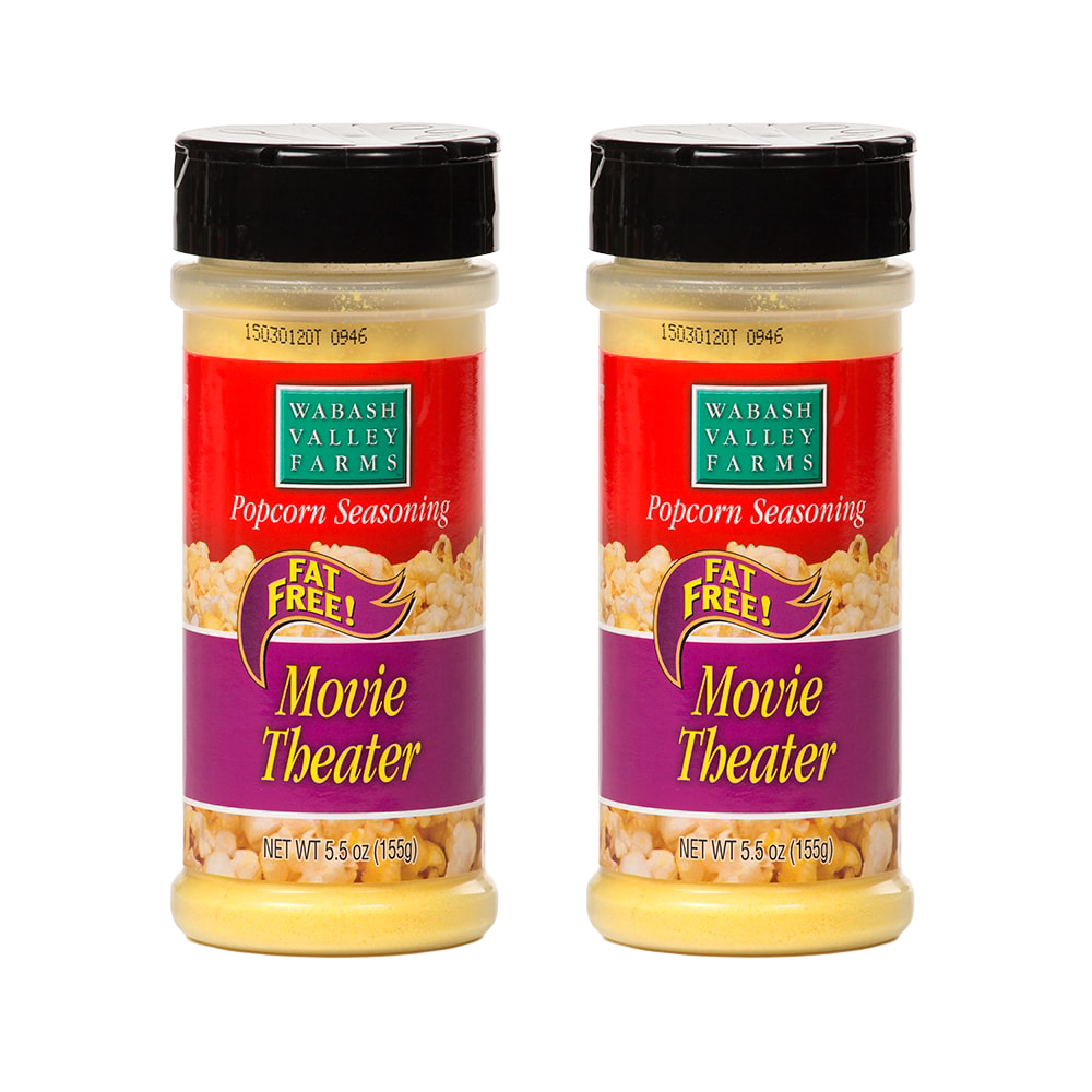 Two plastic bottles of fat-free Movie Theater flavored popcorn seasoning with black lids and red and purple labels, made in USA, ideal for Kitchen & Food and Popcorn collections.
