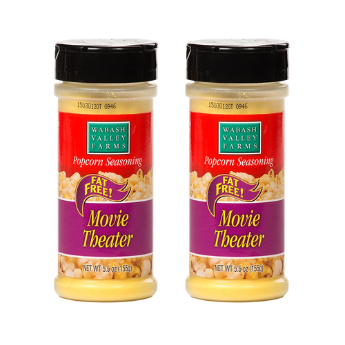 Two plastic bottles of fat-free Movie Theater flavored popcorn seasoning with black lids and red and purple labels, made in USA, ideal for Kitchen & Food and Popcorn collections.