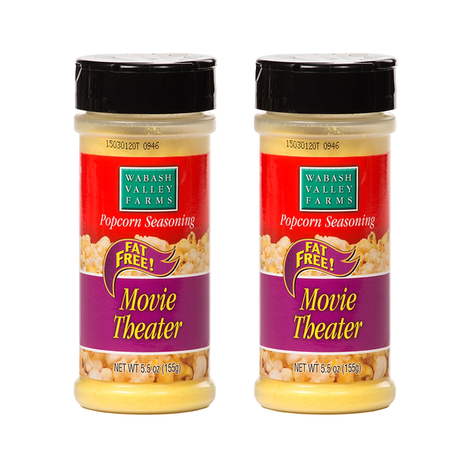 Two plastic bottles of fat-free Movie Theater flavored popcorn seasoning with black lids and red and purple labels, made in USA, ideal for Kitchen & Food and Popcorn collections.