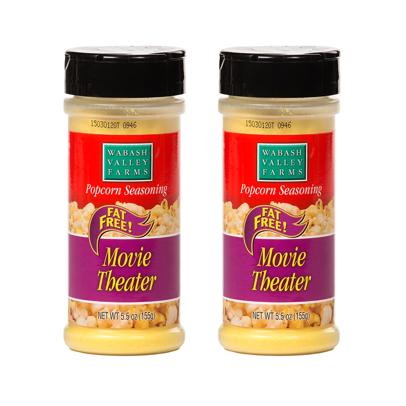 Two plastic bottles of fat-free Movie Theater flavored popcorn seasoning with black lids and red and purple labels, made in USA, ideal for Kitchen & Food and Popcorn collections.