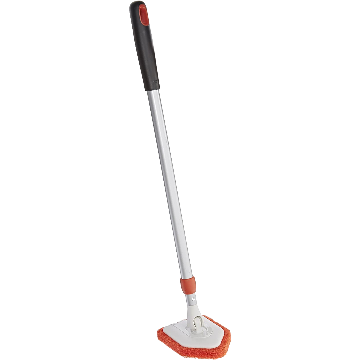 Extendable tub and tile scrubber with an anti-microbial abrasive head and pivoting design, featuring a comfortable black handle, ideal for household cleaning, home decor, and cleaning utensils collections.