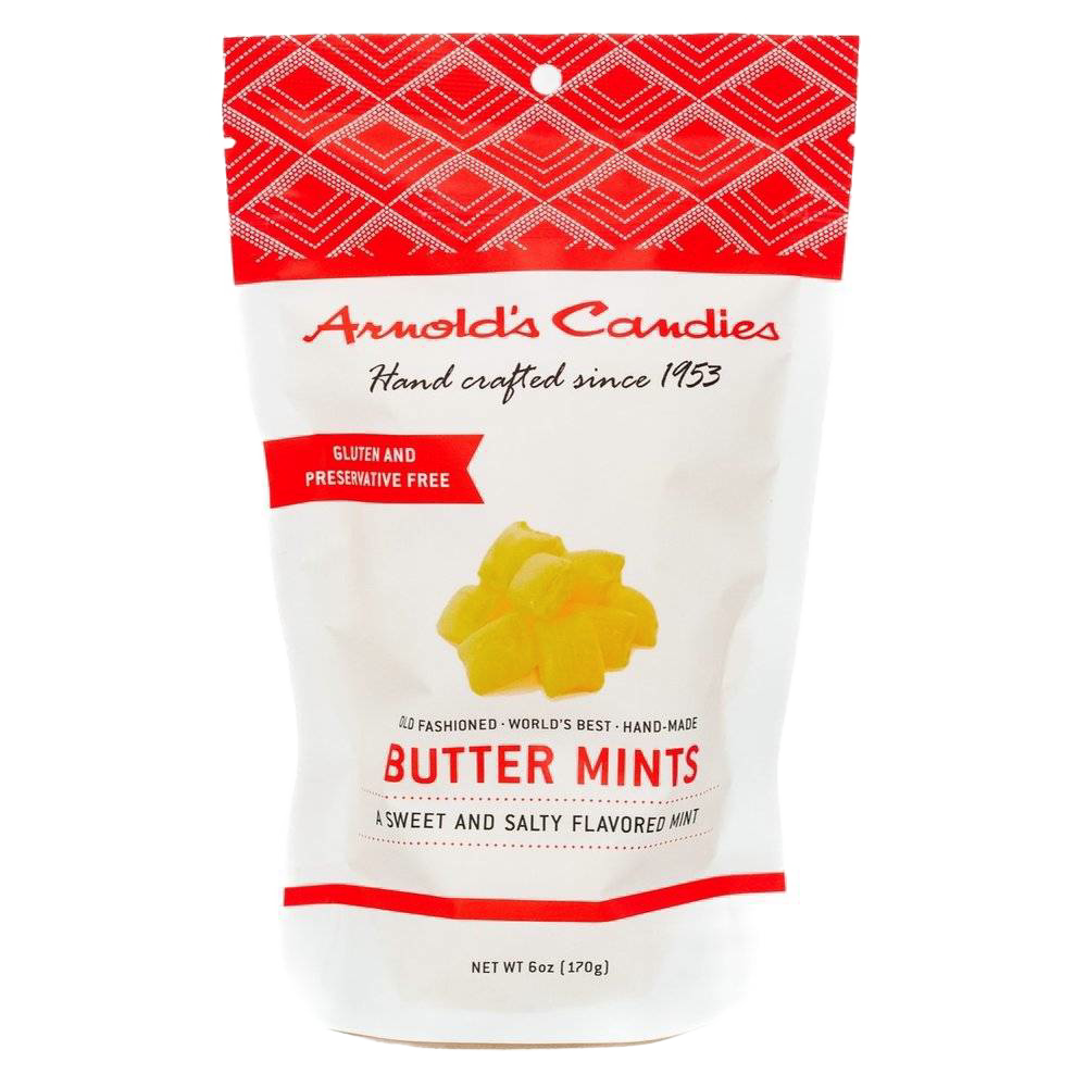 White resealable bag of handcrafted Arnold's buttery yellow buttermints, gluten and preservative free, featured in Kitchen & Food, Snacks and Sweets, Candy, USA Made, and Best Sellers collections.