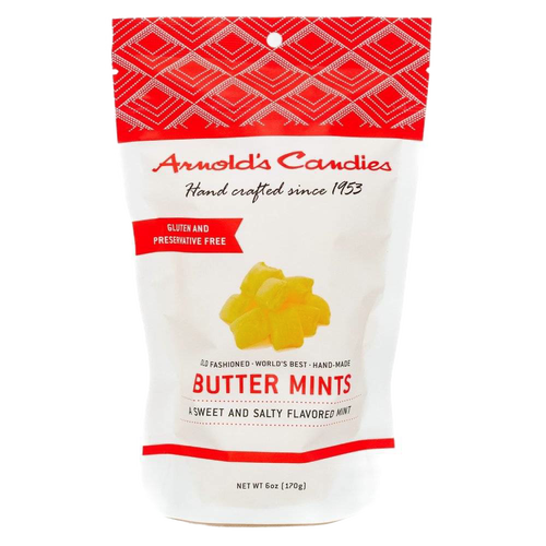 White resealable bag of handcrafted Arnold's buttery yellow buttermints, gluten and preservative free, featured in Kitchen & Food, Snacks and Sweets, Candy, USA Made, and Best Sellers collections.