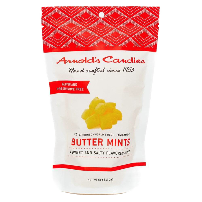 White resealable bag of handcrafted Arnold's buttery yellow buttermints, gluten and preservative free, featured in Kitchen & Food, Snacks and Sweets, Candy, USA Made, and Best Sellers collections.