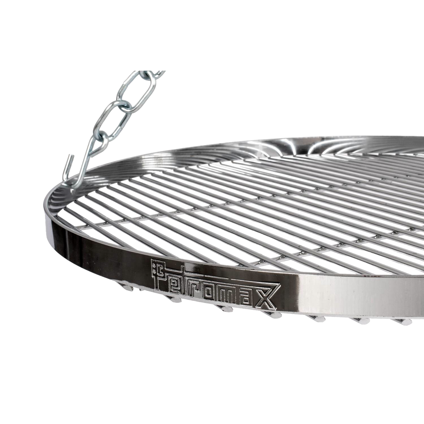 Chromium-plated steel hanging grate with adjustable chains for campfire grilling, designed for outdoor cooking in Farm, Garden & Tool, Camping, Best Sellers, and Promo Eligible collections.