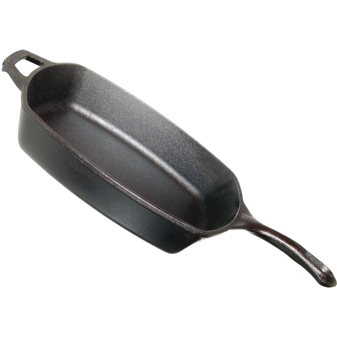 Handcrafted cast iron square skillet with pre-seasoned surface, ergonomic handle, and sturdy helper grip, ideal for Kitchen & Food, Cookware, Cast Iron, USA Made, Best Sellers, and Promo Eligible collections.