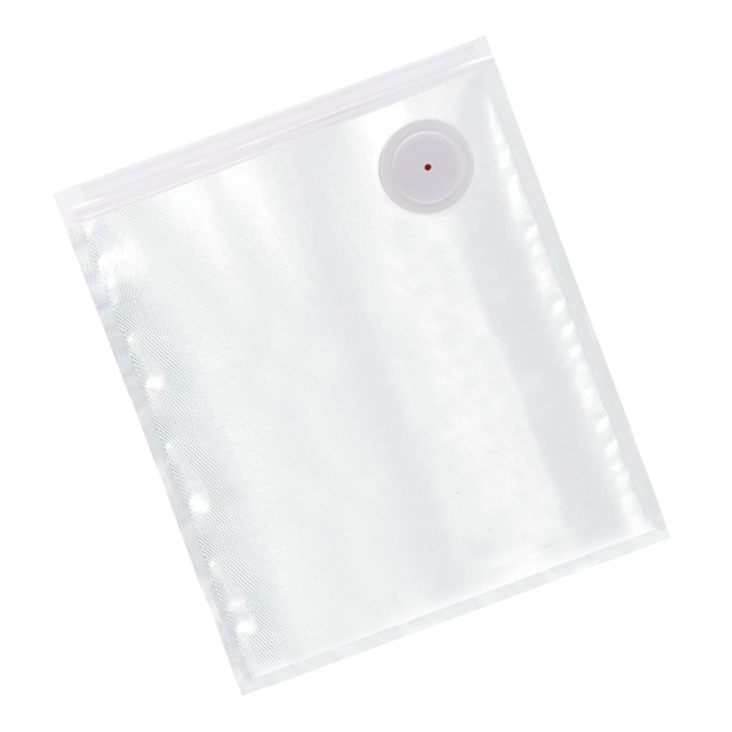 Clear reusable vacuum zipper bag with a sealing port, designed to keep food fresh longer, featured in Kitchen & Food, Food Preservation, Freezing, Storage and Serving collections.