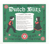 Vintage-style game box cover with traditional Pennsylvania Dutch illustrations of a boy and girl in folk attire, decorative flowers, and a poem about the fun of playing Dutch Blitz, handcrafted and made in USA, suitable for Toys, Books & Games and Best Sellers collections.