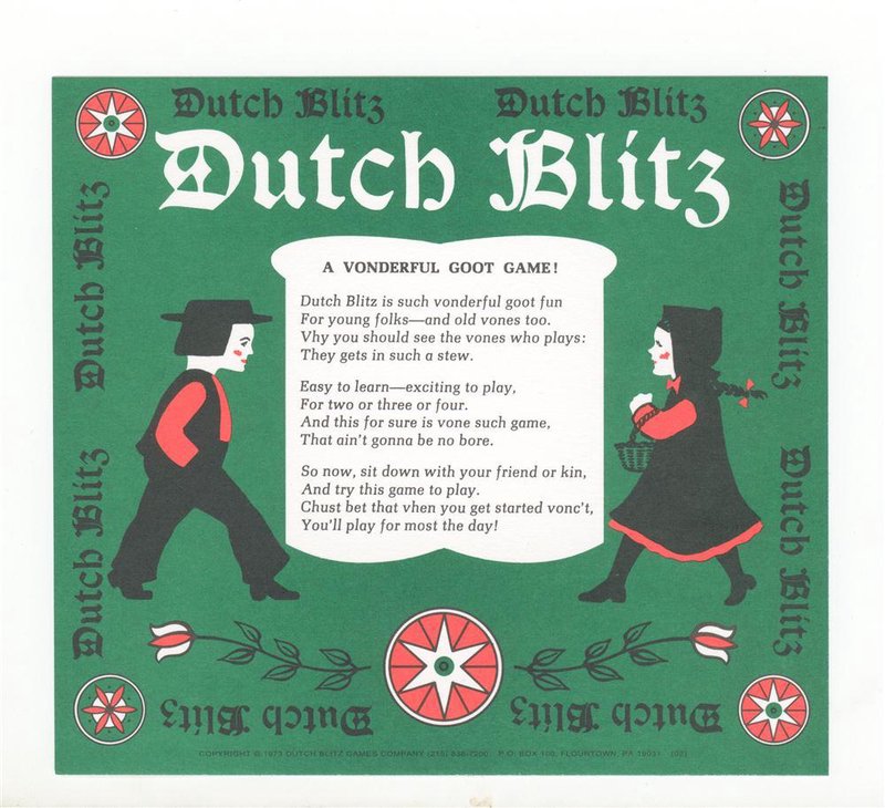 Vintage-style game box cover with traditional Pennsylvania Dutch illustrations of a boy and girl in folk attire, decorative flowers, and a poem about the fun of playing Dutch Blitz, handcrafted and made in USA, suitable for Toys, Books & Games and Best Sellers collections.