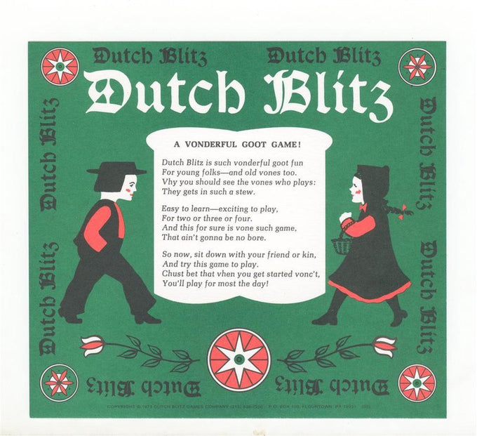 Vintage-style game box cover with traditional Pennsylvania Dutch illustrations of a boy and girl in folk attire, decorative flowers, and a poem about the fun of playing Dutch Blitz, handcrafted and made in USA, suitable for Toys, Books & Games and Best Sellers collections.