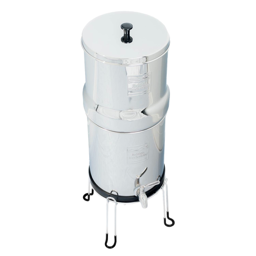 Polished stainless steel gravity water filter elevated on a sturdy stand with protective feet, designed for ease of use and durability, featured in Appliances and Emergency Supplies collections.