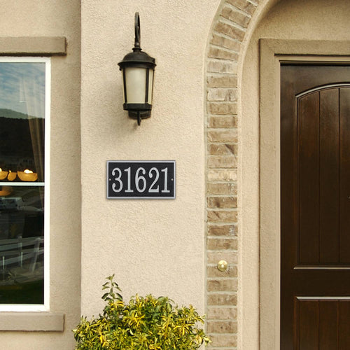 Handcrafted Black/Silver rectangular address plaque with bold white numbers, made in USA, enhancing curb appeal, part of Home & Decor, Mailboxes and Address Signs collections.