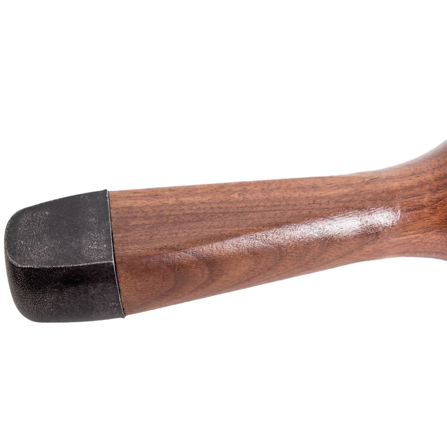 Close-up of a polished wooden handle with a black metal cap, showcasing the sturdy craftsmanship of a Lehman's garden tool from Farm, Garden & Tool and Digging and Cultivating collections.