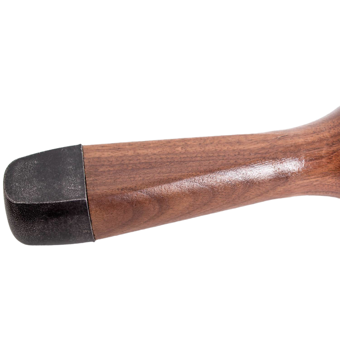 Close-up of a polished wooden handle with a black metal cap, showcasing the sturdy craftsmanship of a Lehman's garden tool from Farm, Garden & Tool and Digging and Cultivating collections.