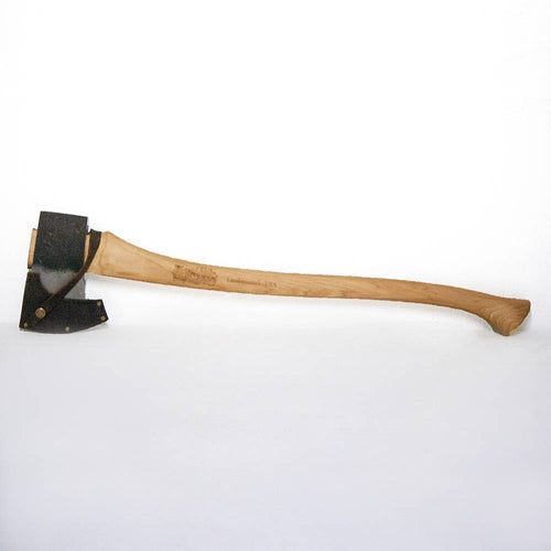 Handcrafted axe featuring a thick carbon steel head with a leather sheath and an Amish-made smooth hickory handle, part of Farm, Garden & Tool, Knives & Axes, USA Made, and Best Sellers collections.