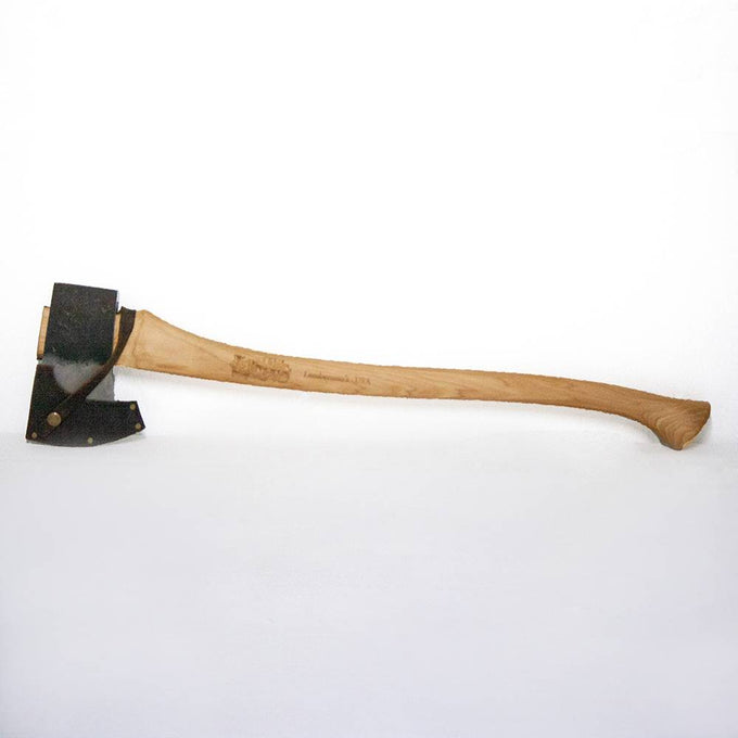 Handcrafted axe featuring a thick carbon steel head with a leather sheath and an Amish-made smooth hickory handle, part of Farm, Garden & Tool, Knives & Axes, USA Made, and Best Sellers collections.