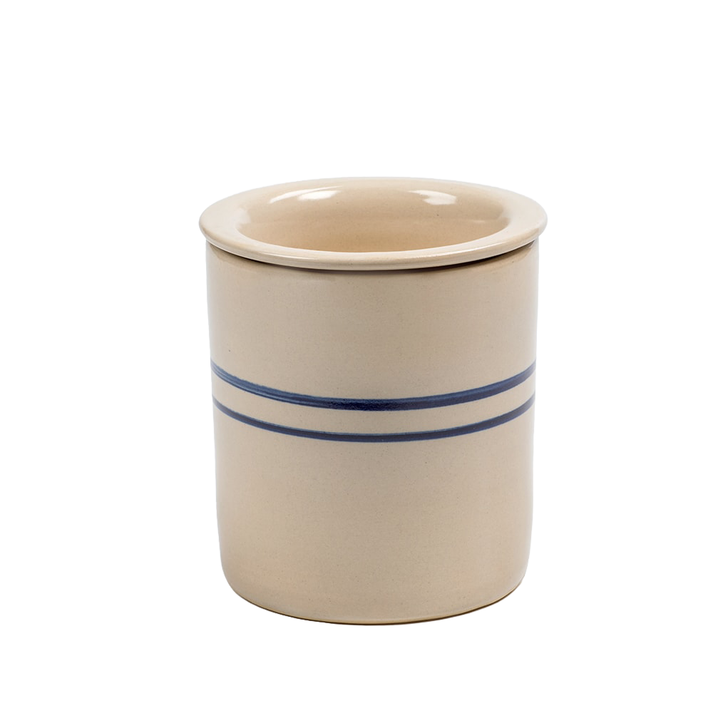 Handcrafted stoneware cooling dish with double blue stripes, made in the USA, designed for keeping food chilled on the table in Home & Decor and Kitchen & Food collections.