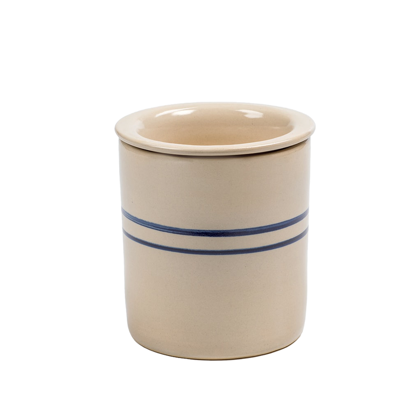 Handcrafted stoneware cooling dish with double blue stripes, made in the USA, designed for keeping food chilled on the table in Home & Decor and Kitchen & Food collections.