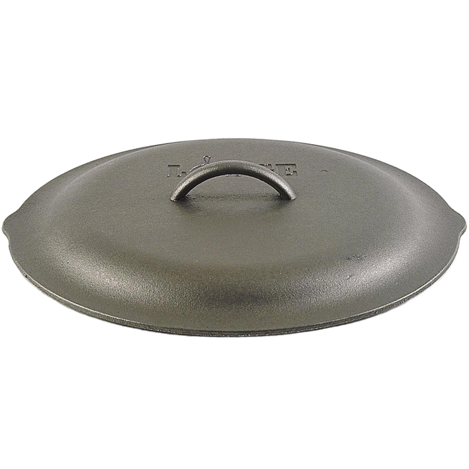 Cast iron skillet lid with curved handle and built-in self-basting tips, seasoned with natural vegetable oil, perfect for Kitchen & Food, Cookware, Cast Iron, Best Sellers, and Promo Eligible collections.
