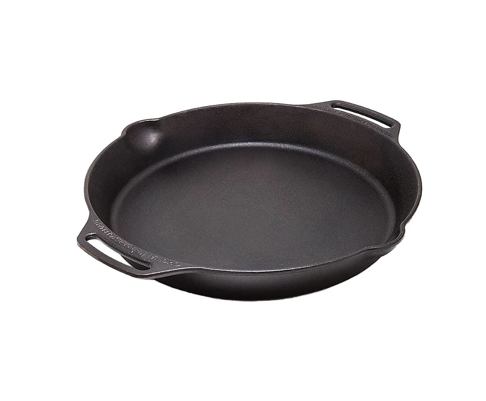 Black cast iron fire skillet with two extended side handles and a small pour spout, suited for cooking over open flames or in kitchens, ideal for Farm, Garden & Tool, Camping, and Cookware collections.