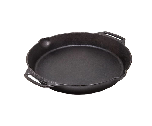 Black cast iron fire skillet with two extended side handles and a small pour spout, suited for cooking over open flames or in kitchens, ideal for Farm, Garden & Tool, Camping, and Cookware collections.