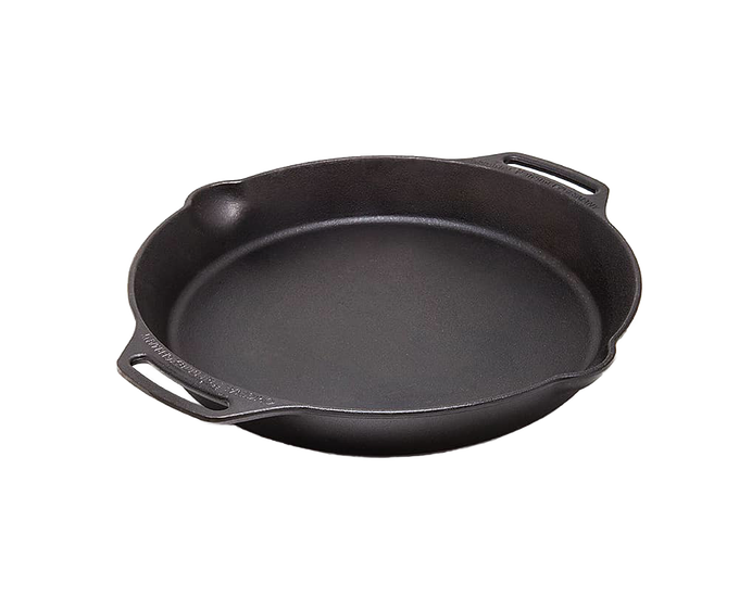 Black cast iron fire skillet with two extended side handles and a small pour spout, suited for cooking over open flames or in kitchens, ideal for Farm, Garden & Tool, Camping, and Cookware collections.
