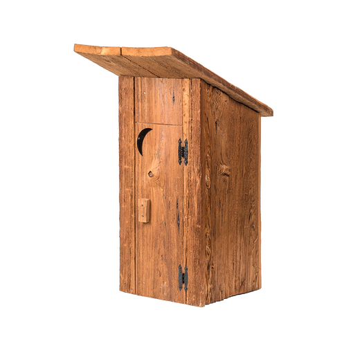 Handcrafted rustic well cover made from reclaimed wood with metal hinges and crescent moon cutout, Amish made in the USA, suitable for Home & Decor and Farm, Garden & Tool collections.