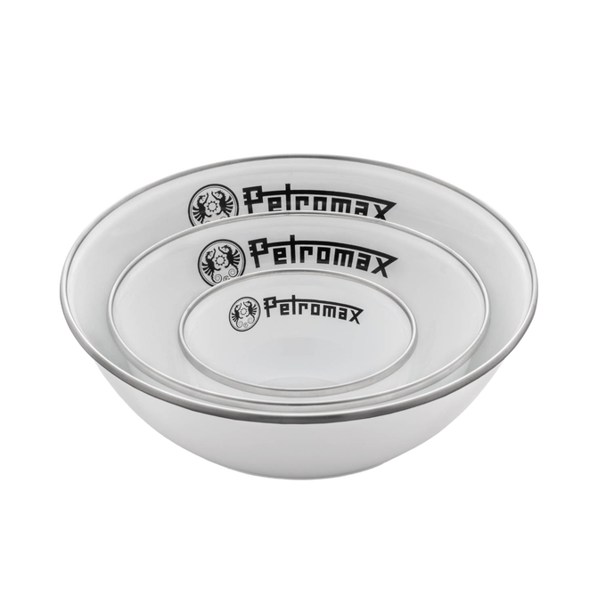 Set of three lightweight enamel bowls in white with black rim and logo, designed for durable outdoor use in camping, kitchen, and dining, featured in Farm, Garden & Tool, Kitchen & Food, Camping, Dinnerware, Best Sellers, and Promo Eligible collections.