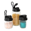 Set of three clear glass jars with black pour lids featuring carry loops, designed for regular-mouth mason jars, ideal for Kitchen & Food, Kitchen Accessories, USA Made, and Best Sellers collections.