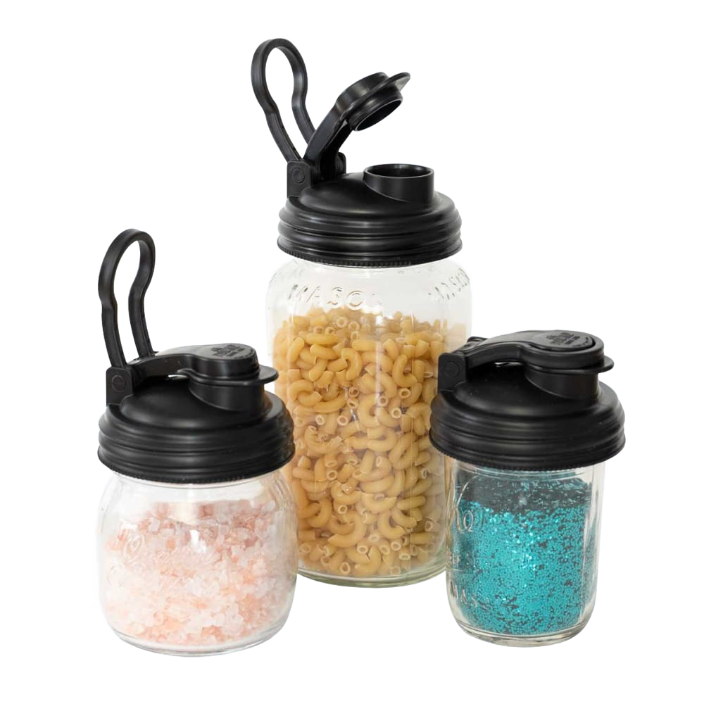Set of three clear glass jars with black pour lids featuring carry loops, designed for regular-mouth mason jars, ideal for Kitchen & Food, Kitchen Accessories, USA Made, and Best Sellers collections.