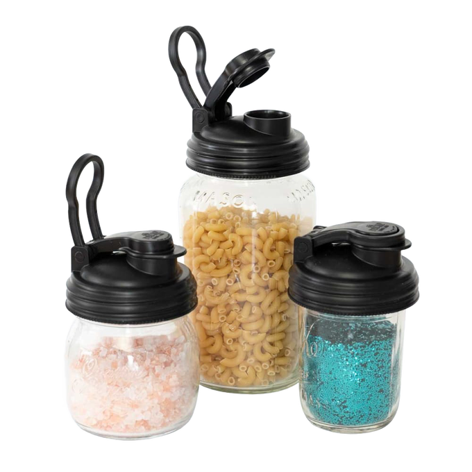 Set of three clear glass jars with black pour lids featuring carry loops, designed for regular-mouth mason jars, ideal for Kitchen & Food, Kitchen Accessories, USA Made, and Best Sellers collections.