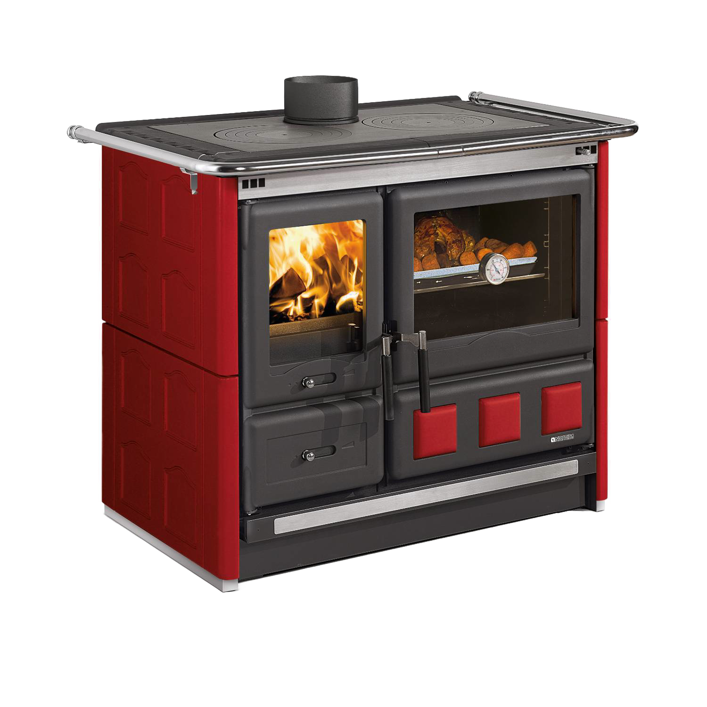 Large wood-burning cook stove with bright red porcelain enameled steel panels, cast iron cooking plates, extractable ash drawer, and dual front doors for firebox and oven, ideal for Stoves, Cookstoves, Best Sellers, and All Stoves & Appliances collections.