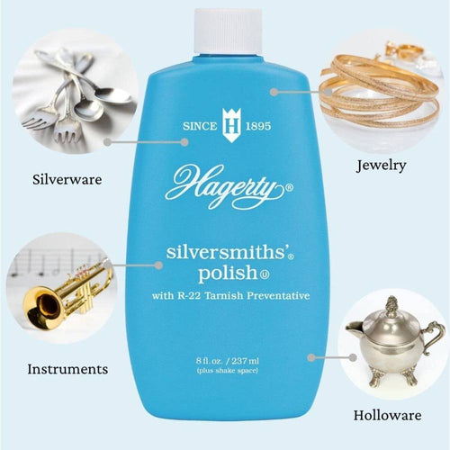 Blue bottle of premium polish designed to clean and protect silverware, jewelry, instruments, and holloware, suited for Home & Decor, Household Cleaning, and Best Sellers collections.