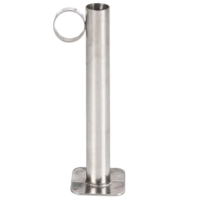 Tall stainless steel hydrometer test cup with cylindrical body, flat square base, and circular side handle, designed for maple syrup density testing in orchard and farm use.