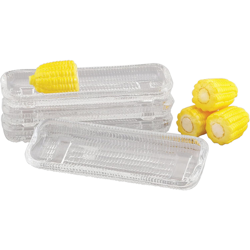 Set of four clear glass dishes with curved design to hold ears of corn securely while capturing melted butter, handcrafted and featured in Kitchen & Food, Storage and Serving, Best Sellers, and Promo Eligible collections.