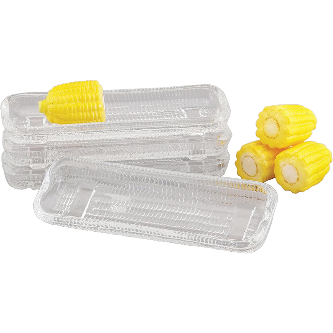 Set of four clear glass dishes with curved design to hold ears of corn securely while capturing melted butter, handcrafted and featured in Kitchen & Food, Storage and Serving, Best Sellers, and Promo Eligible collections.