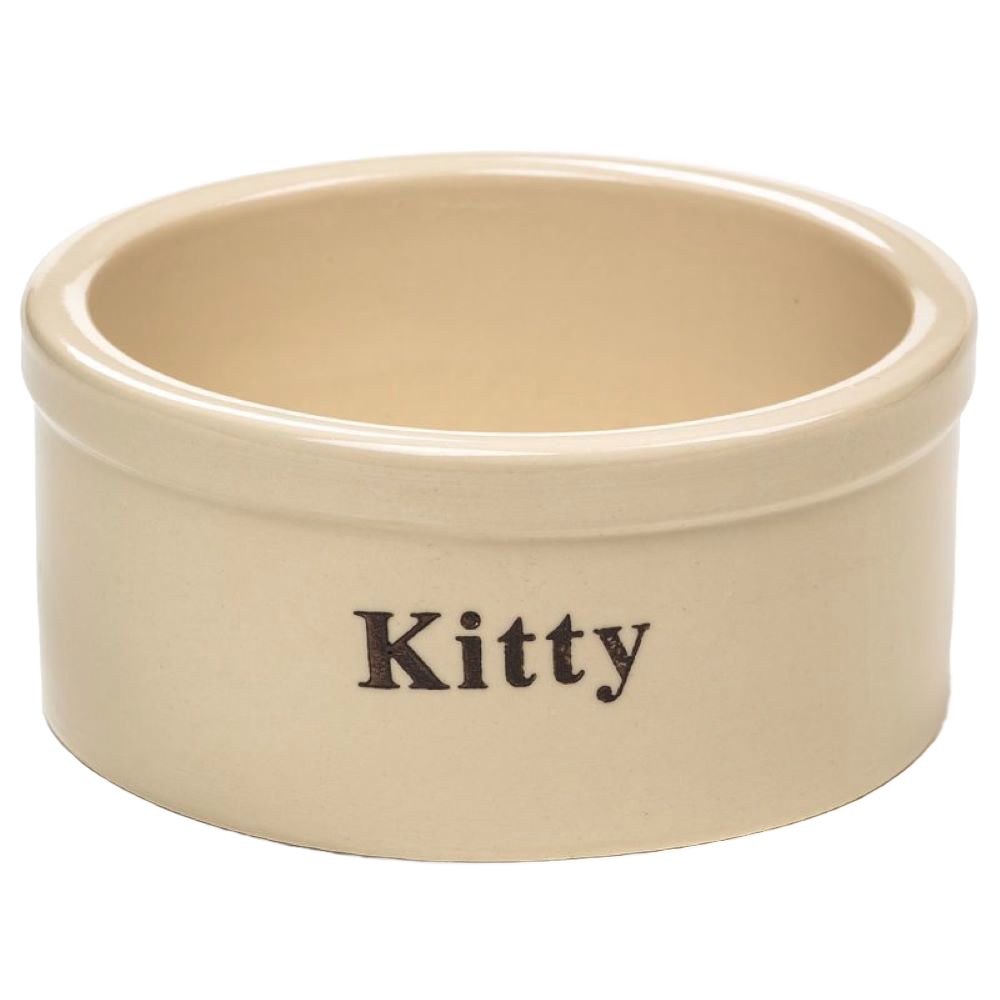 Small handcrafted natural stone-colored stoneware pet bowl with glossy lead-free glaze, marked "Kitty," perfect for Home & Decor, Pet Supplies, USA Made, and Best Sellers collections.