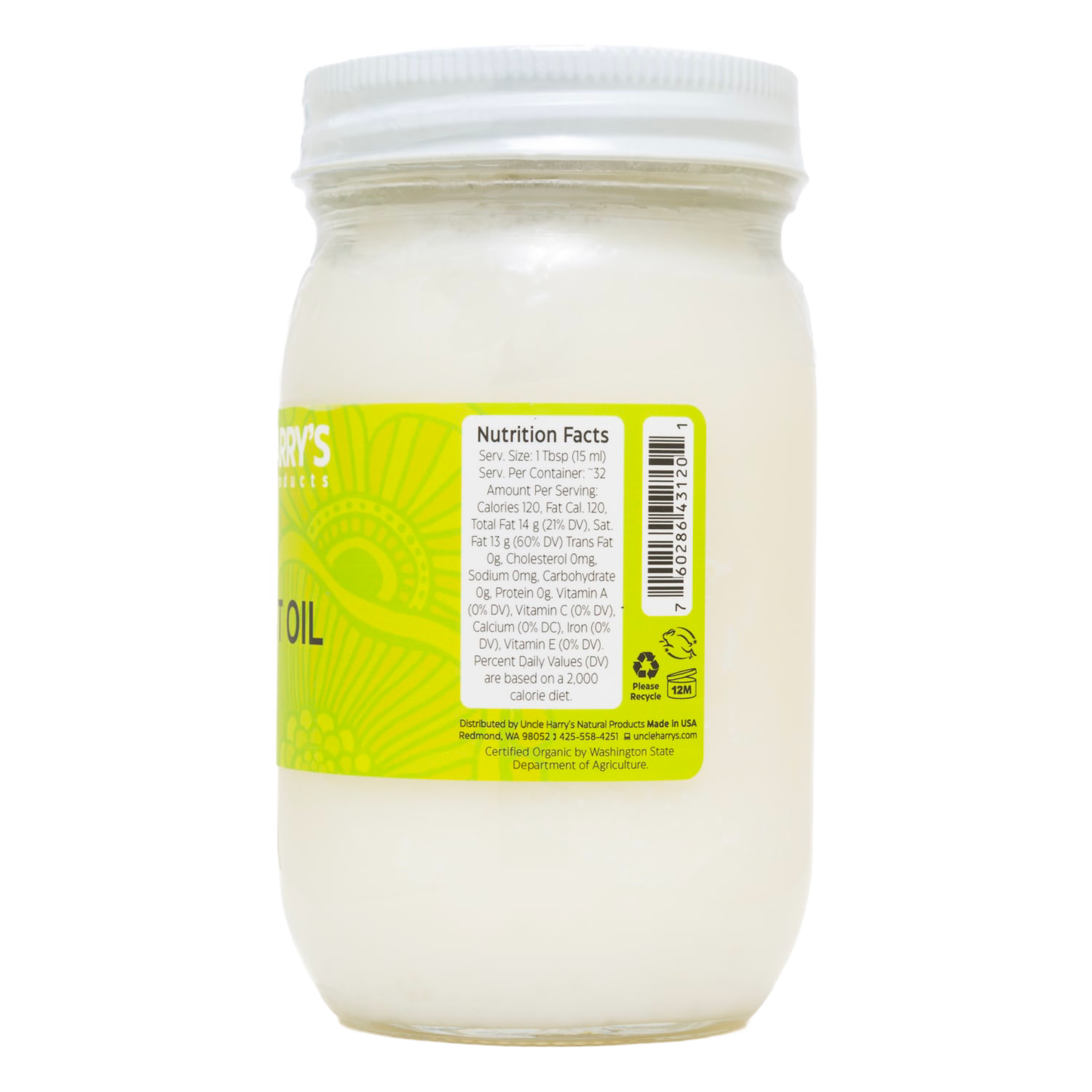 Handcrafted jar of coconut oil with yellow label displaying nutrition facts, made in USA, featured in Health & Wellness, Kitchen & Food, Health Remedies, Pantry, Gluten Free, and Best Sellers collections.