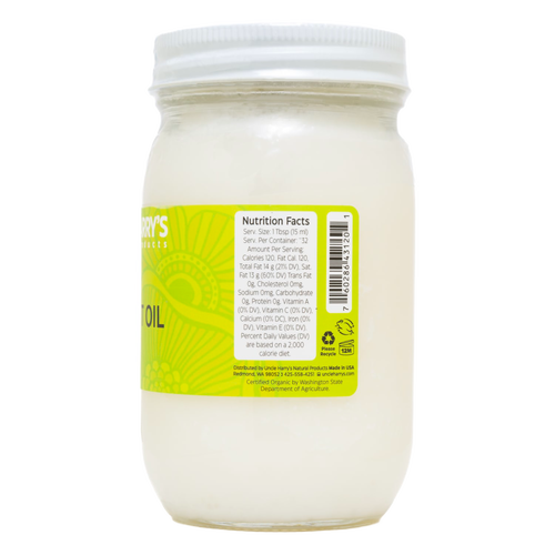 Handcrafted jar of coconut oil with yellow label displaying nutrition facts, made in USA, featured in Health & Wellness, Kitchen & Food, Health Remedies, Pantry, Gluten Free, and Best Sellers collections.