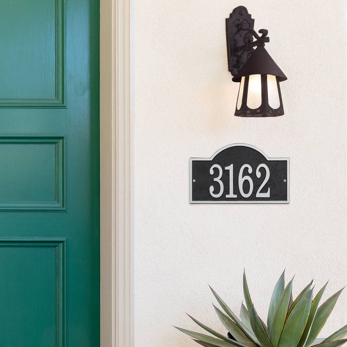 Handcrafted black and silver arched rectangle address plaque featuring house number 3162, made in USA, enhancing curb appeal in Home & Decor, Household Helpers, and Mailboxes and Address Signs collections.