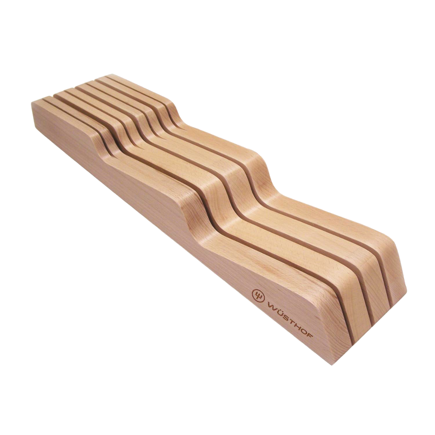Wooden knife drawer organizer with seven curved slots designed for safe storage of large and small knives, crafted to fit neatly in kitchen drawers, ideal for Kitchen & Food collections.