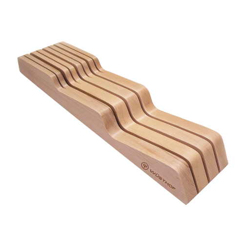 Wooden knife drawer organizer with seven curved slots designed for safe storage of large and small knives, crafted to fit neatly in kitchen drawers, ideal for Kitchen & Food collections.
