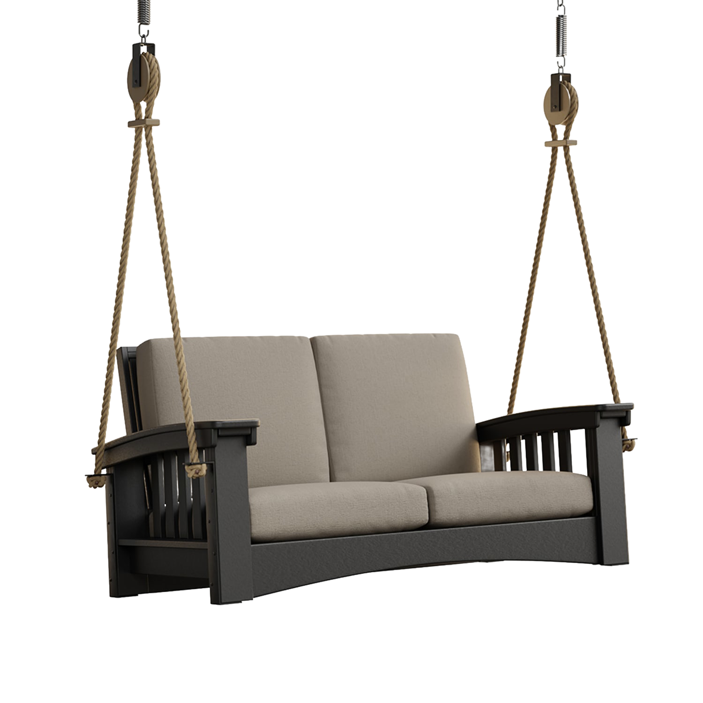 Handcrafted 6 ft rope swing with durable black painted cypress frame and thick beige cushions, suspended by sturdy ropes, ideal for Home & Decor, Outdoor Furniture, USA Made, Amish Made, Best Sellers, and Promo Eligible collections.