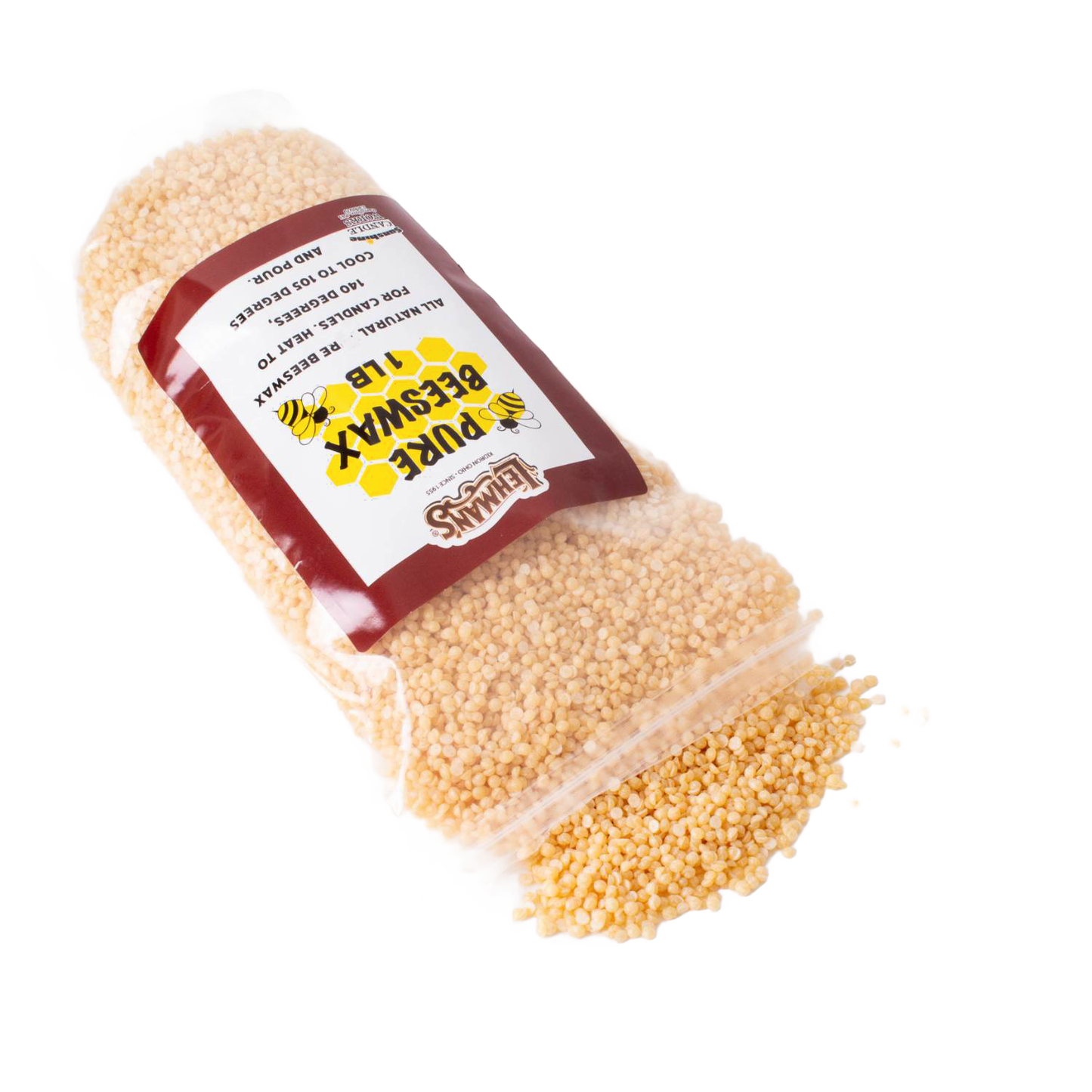 Bag of natural beeswax pellets for candle making, handcrafted and ideal for lamps, candlemaking supplies, and clean-burning candle projects.