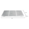 Clear plastic tray lid with three sections and subtle leaf design, shown with precise measurements, ideal for stacking and covering food in food preservation and drying.