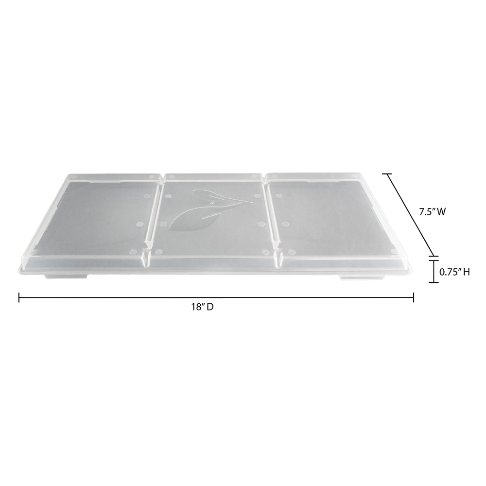 Clear plastic tray lid with three sections and subtle leaf design, shown with precise measurements, ideal for stacking and covering food in food preservation and drying.