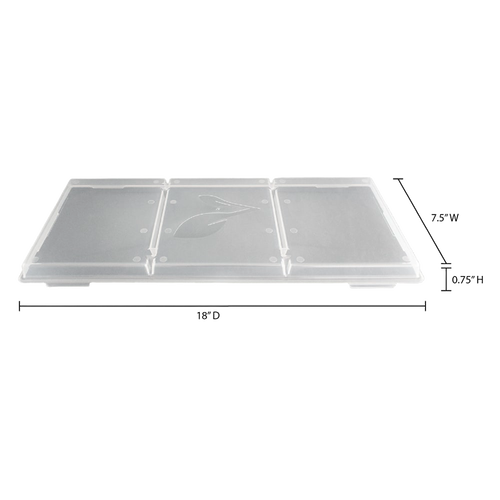 Clear plastic tray lid with three sections and subtle leaf design, shown with precise measurements, ideal for stacking and covering food in food preservation and drying.